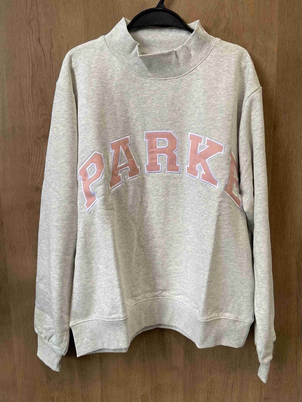 Park Light Gray Mock Turtleneck Sweatshirt with Pink Lettering